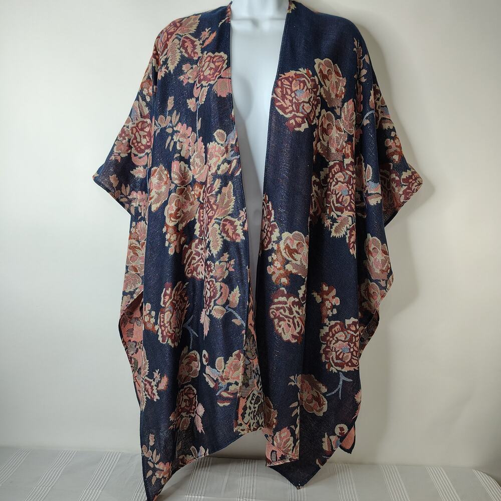 Boho Floral‎ Kimono Shawl Open Front Navy Blue One / Free Size Festival